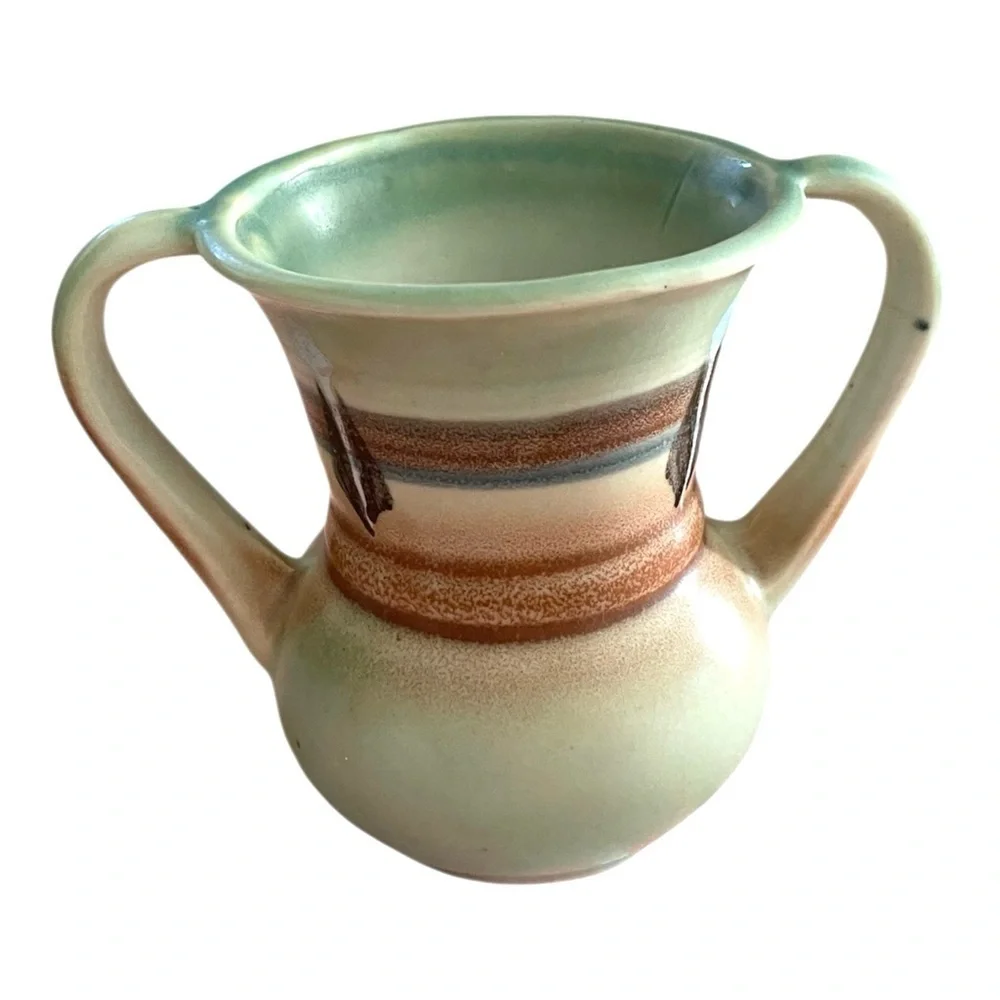 Art Deco Style Ceramic Vase Two Handles, Green & Brown.